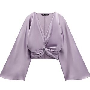 Zara Lavender Satin Knot-Front Crop Top